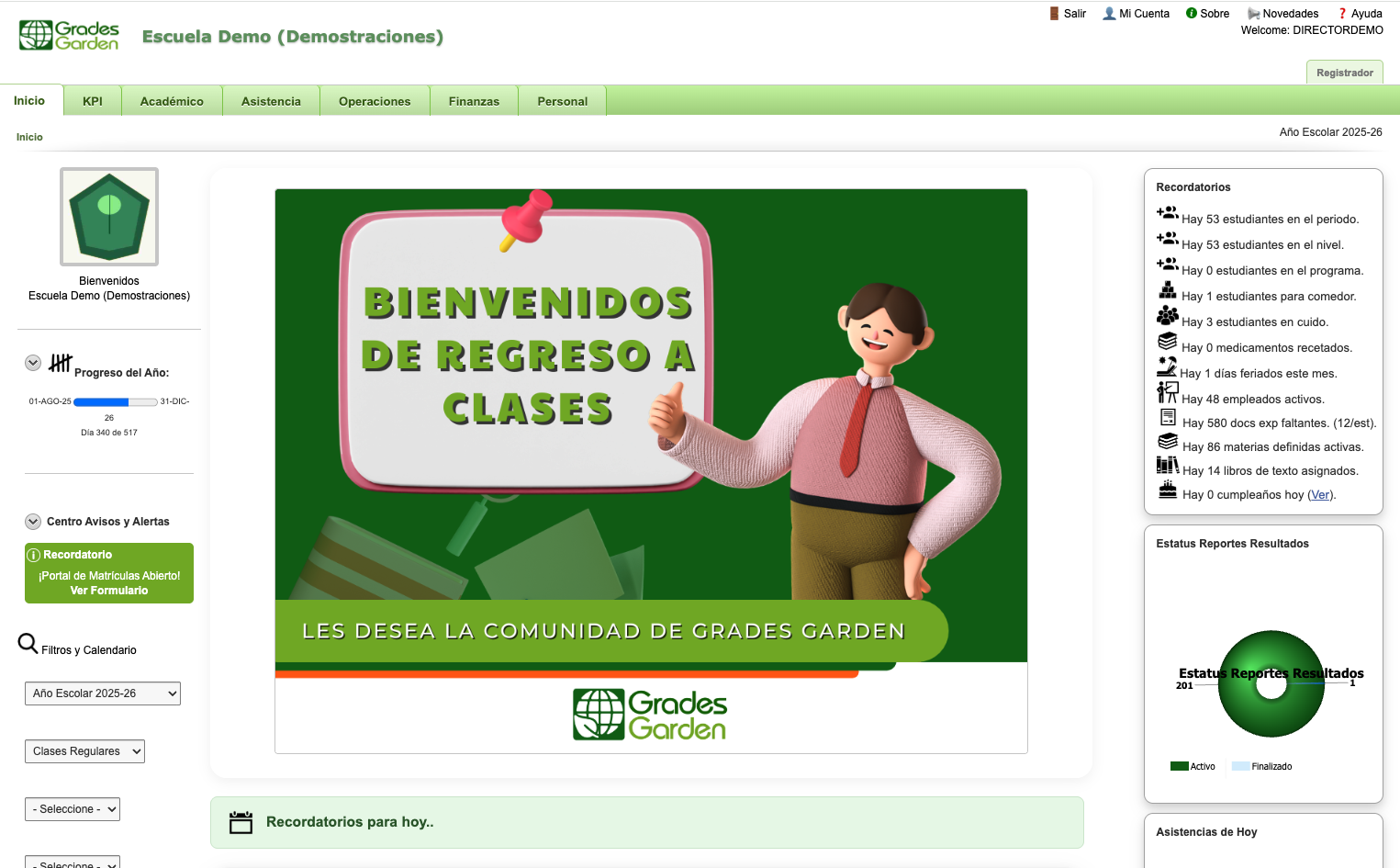 Pantalla real de inicio de Grades Garden para Escuela Demo